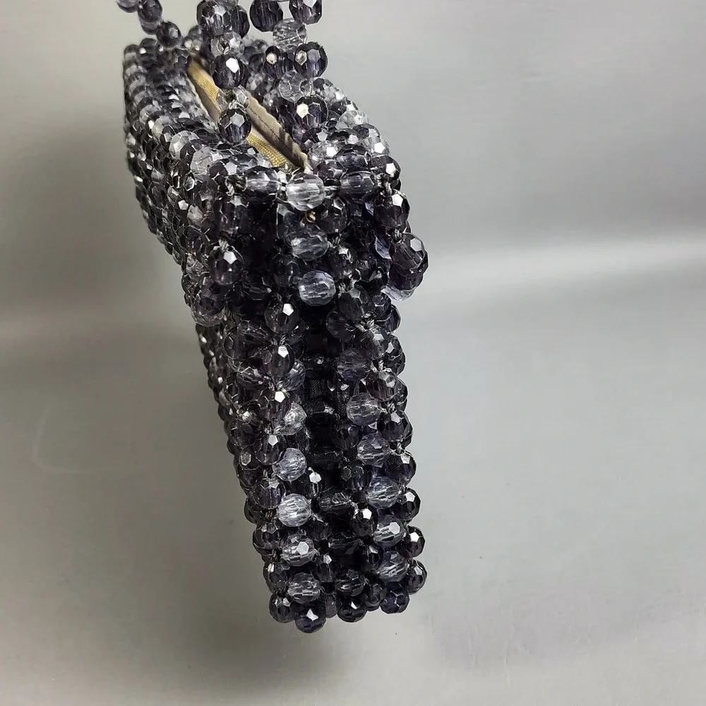 Vintage Crystal Beaded Purse Fauceted Beads Smoke Gray Hong Kong 60s Handmade